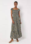 Scarf Print Milkmaid Maxi Dress, Khaki, large