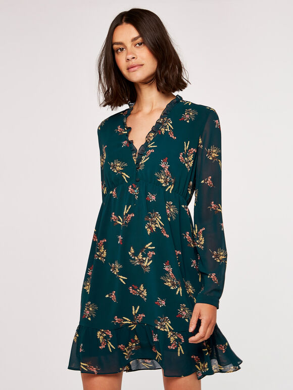Floral Ruffle Mini Dress, Green, large