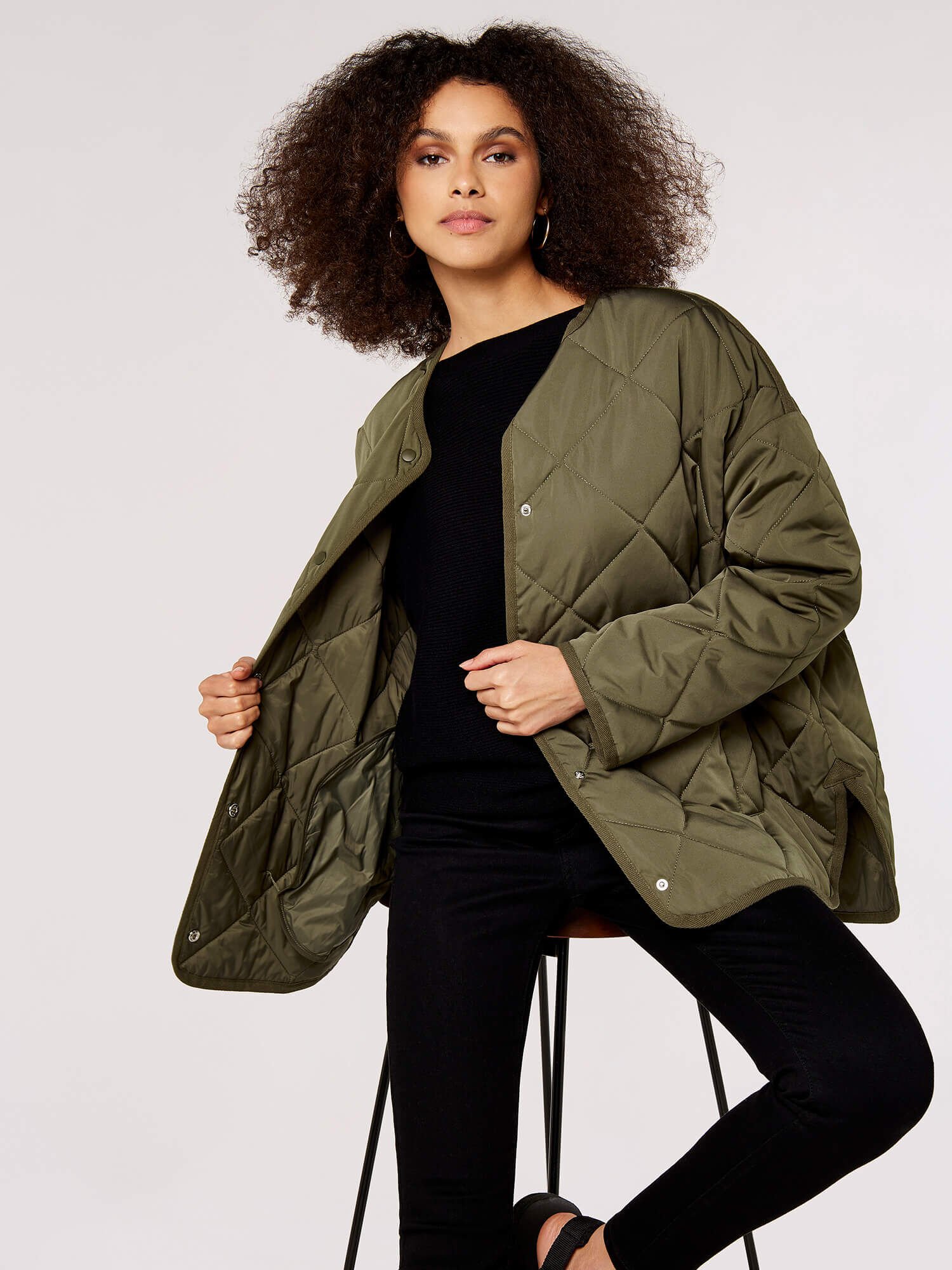 Collarless Quilted Jacket Apricot Clothing