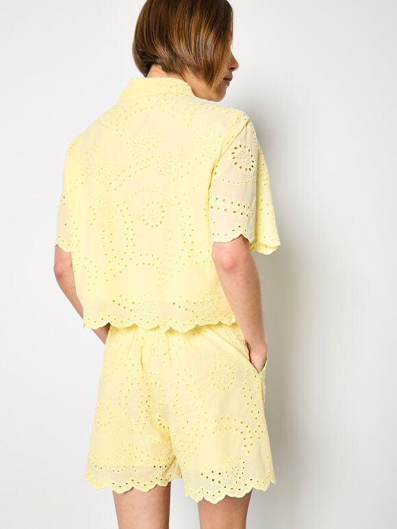 Scalloped Broderie Mini Shorts, Yellow, large