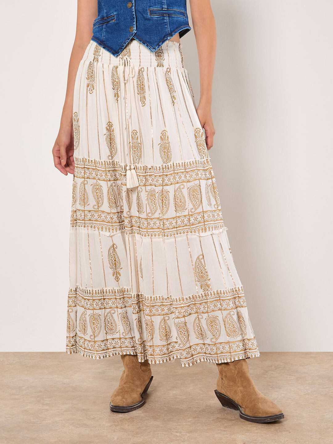 Gold Foil Paisley Tiered Maxi Skirt