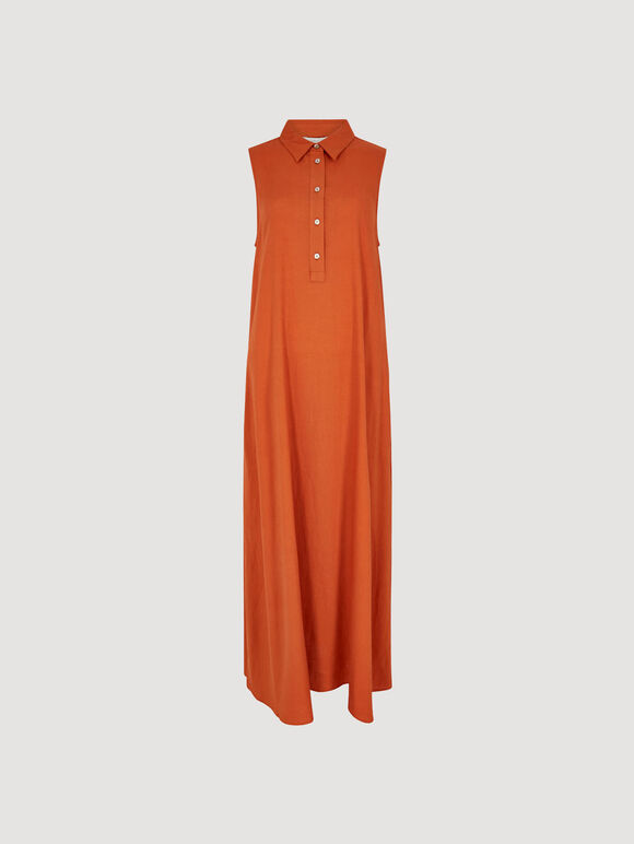 Linen Blend Shirt Maxi Dress, Orange, large