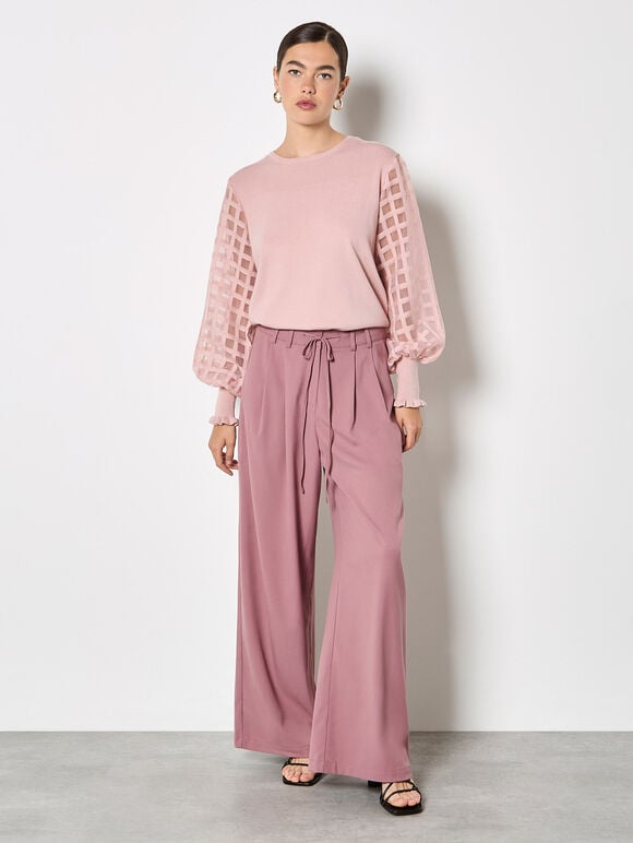 Contrast Organza Sleeves Jumper, Pink, large