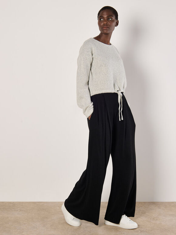 Cropped Boucle Knit Drawstring Jumper, Grey, large