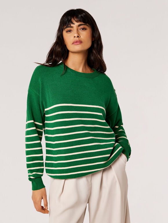 Stripe Knitted Gold Button Jumper, Green, large