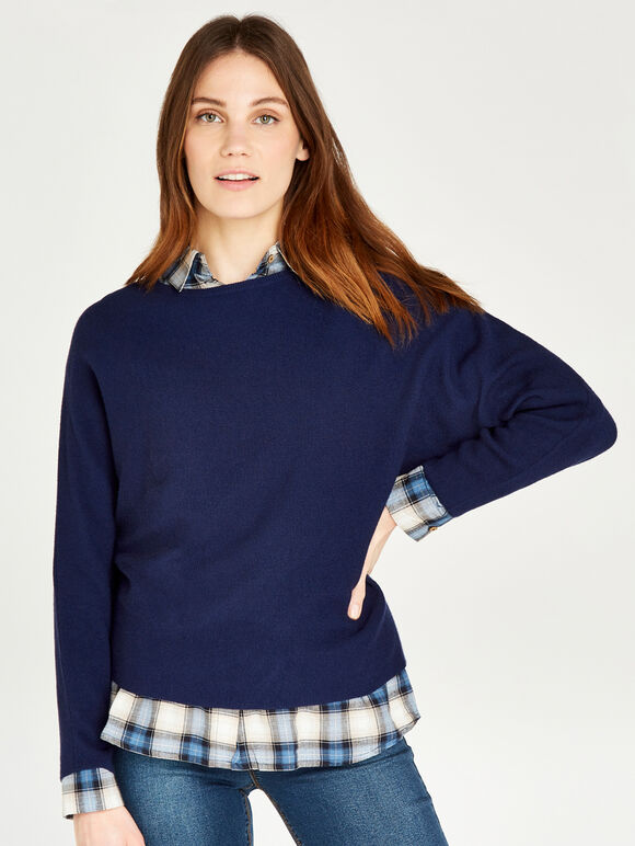 Rib Knit Batwing Jumper, Navy, large