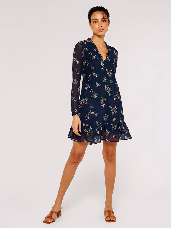 Floral Ruffle Mini Dress, Navy, large