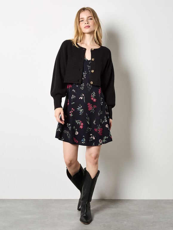 Botanical Floral Smocked Mini Dress, Black, large