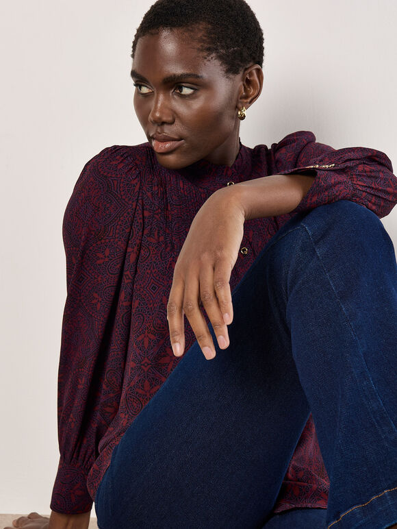Mosaic Print Chiffon Ruffle Blouse, Burgundy, large