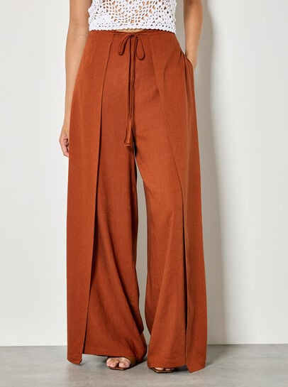 Linen Blend Wrap Wide-Leg Trousers