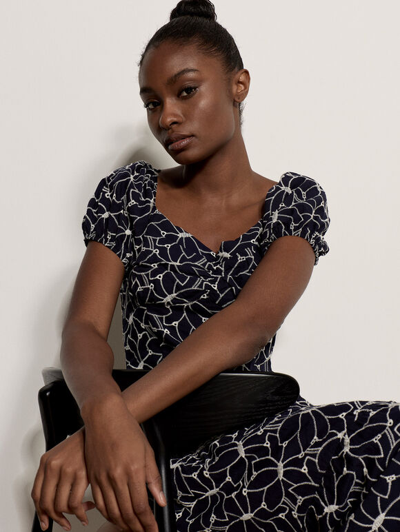 Floral Embroidered Tiered Midi Dress, Navy, large