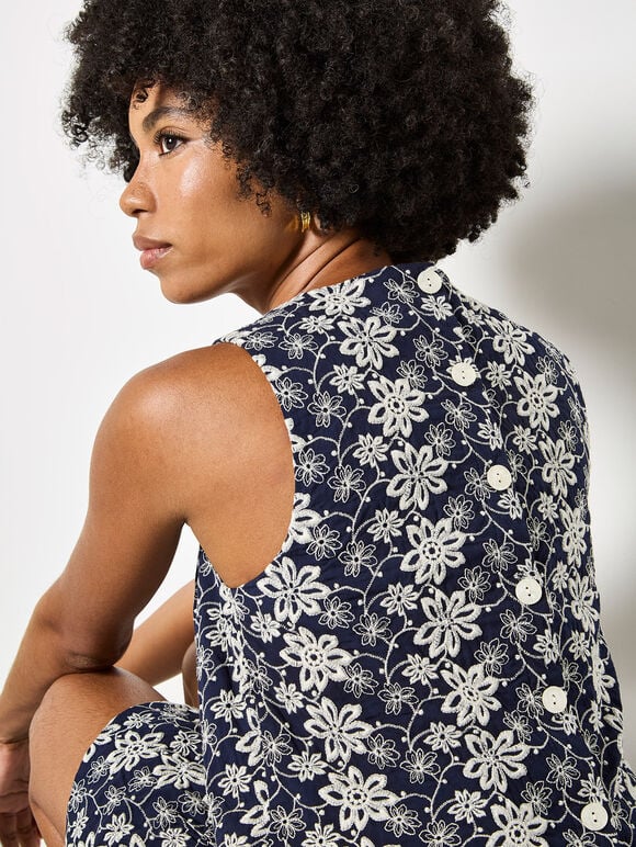 Floral Embroidered Shell Top, Navy, large