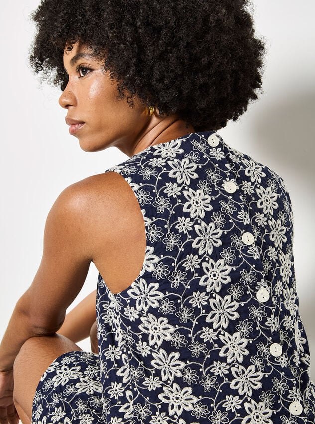 Floral Embroidered Shell Top, Navy, large