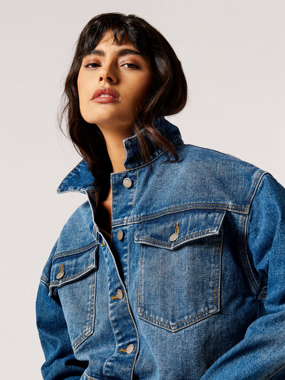 Boxy Fit Denim Trucker Jacke, Blau, Größe L