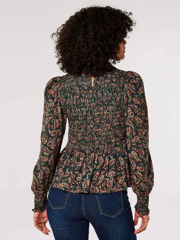 Paisley Puff Sleeve Smocked Top, Green, large