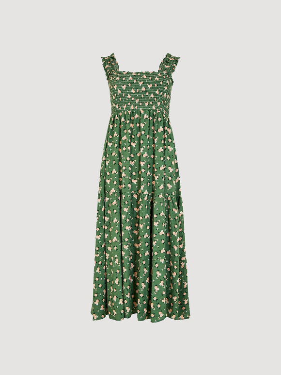 Ditsy Smocked Midi Dress, Green, large