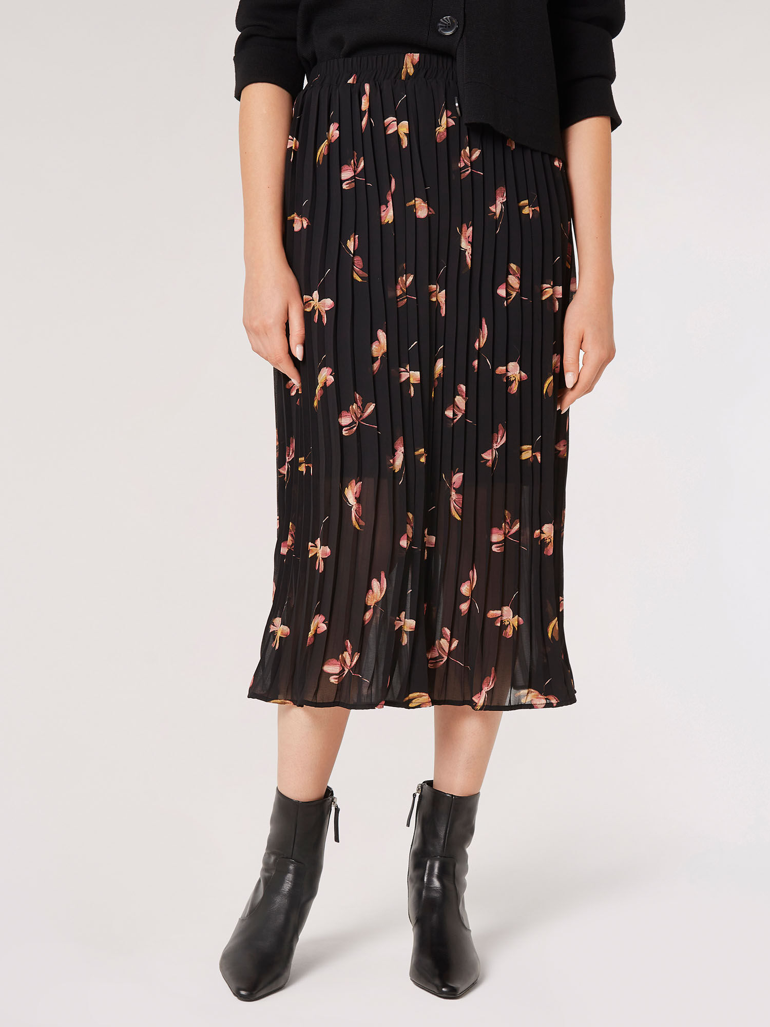 Floral Pleated Midi Skirt Apricot Clothing