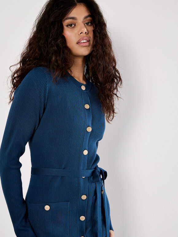 Ribbed Knit Button-Down Mini Dress, Teal, large