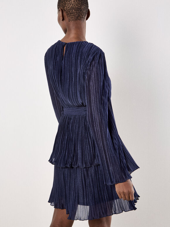 Plisse Tiered Mini Dress, Navy, large