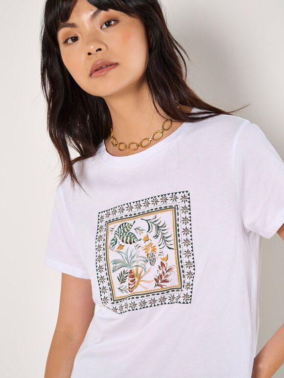 Tropical Placement Print T-Shirt, White, large