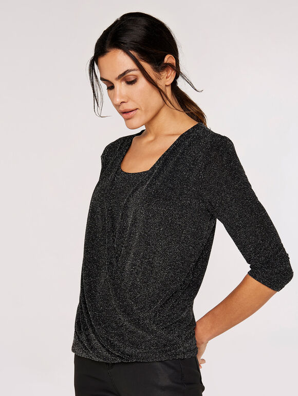 Metallic Sparkle Wrap Top, Black, large