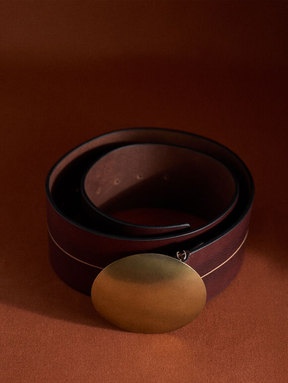 90s Style Brass BuckLeather Belt, Brown, large