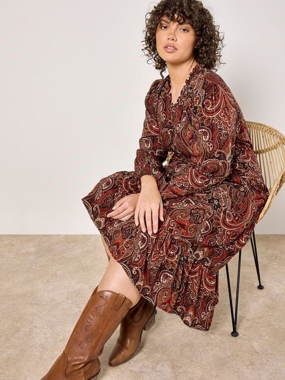 Curve Paisley Shimmer Midi Dress, Rust, large