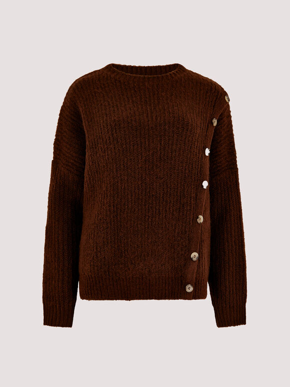 Asymmetric Button Jumper, Brown, large