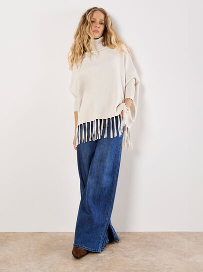 Roll Neck Fringe Poncho Jumper
