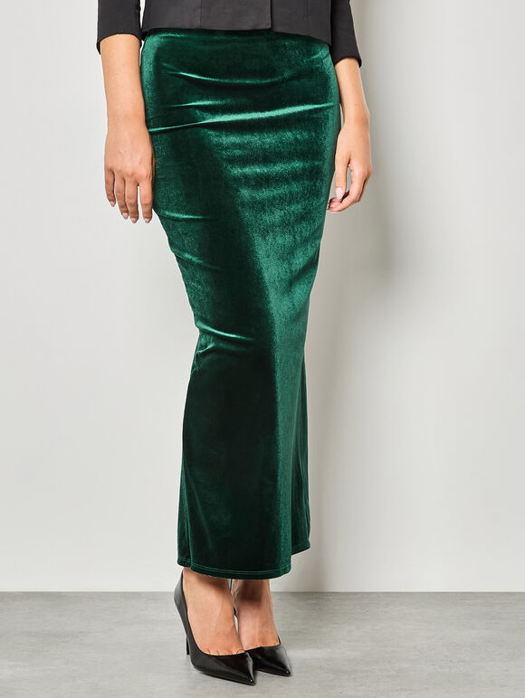 Soft Velvet Maxi Skirt, Green, large