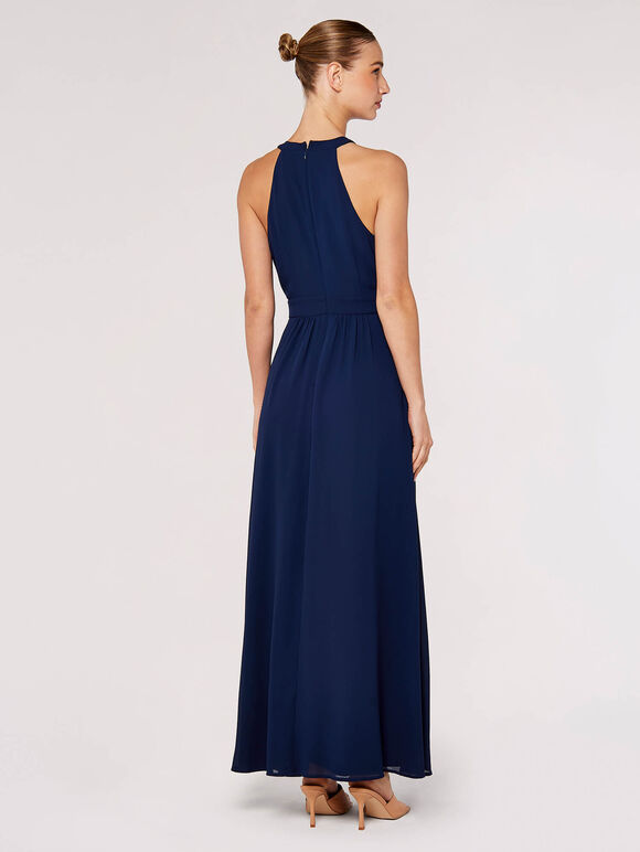 Halter Neck Split Maxi Dress, Navy, large