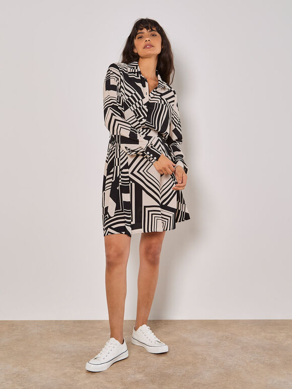Geo Squares Shirt Mini Dress, Stone, large