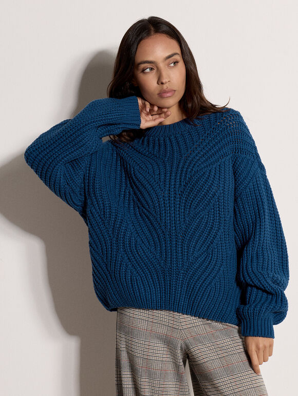 Chunky Cable Knit Jumper, Cobalt/Royal Blue, large