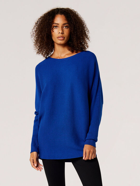 Langer, gerippter Batwing-Pullover, Blau, Größe L