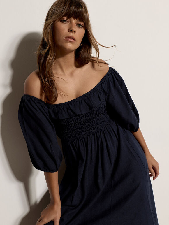 Smocked Bardot Maxi Dress, Navy, large