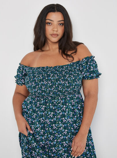 Curve - Robe mi-longue style Bardot à petites fleurs