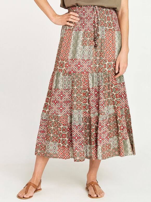 Geo Tile Print in 2in1 Skirrt, Khaki, large