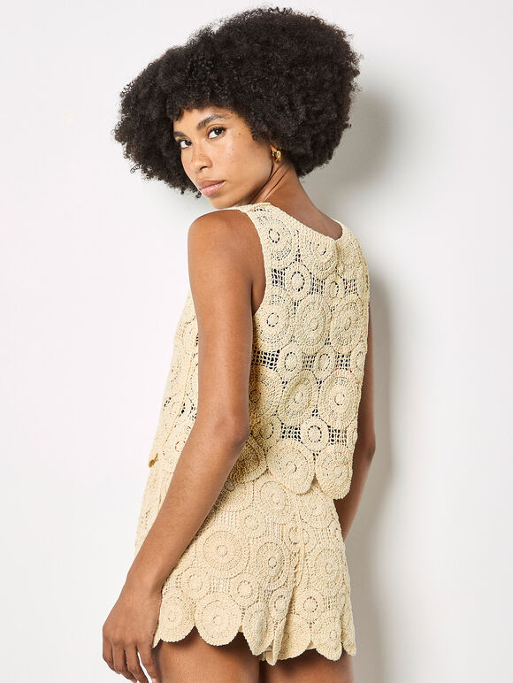 Crochet Circles Cotton Crop Top, Stone, large
