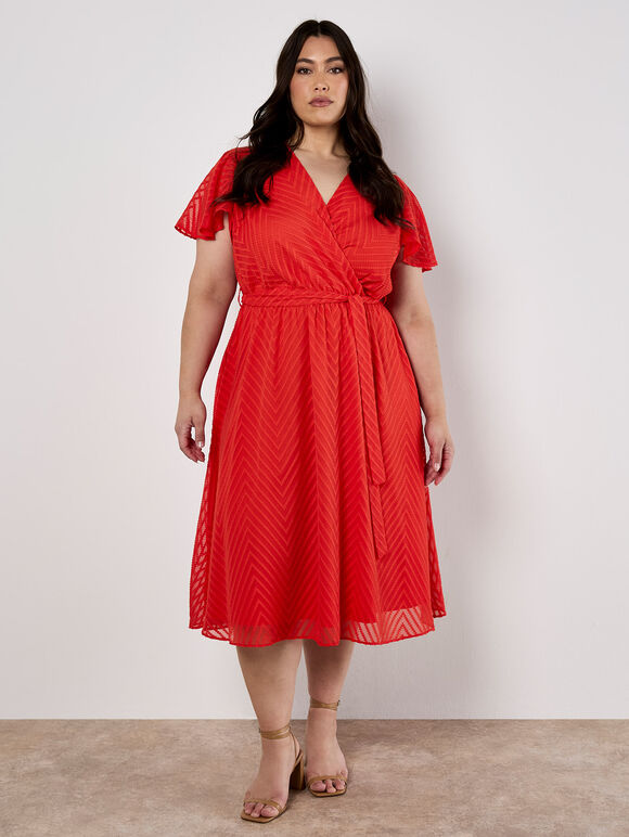 Curve Jacquard Chevron Wrap Midi Dress, Orange, large