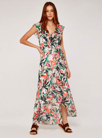 Palm Print Ruffle Wrap Midi Dress
