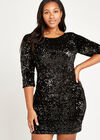 Sequin Bodycon Long Sleeve Dress+, Black, large