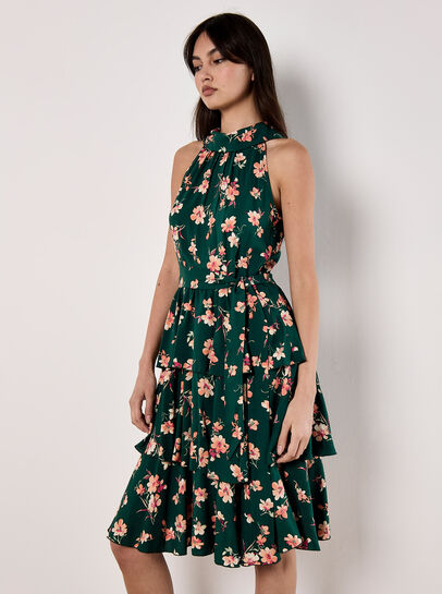 Halterneck Tiered Floral Mini Dress