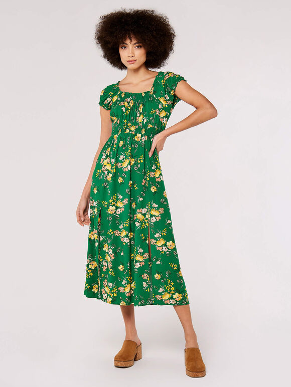 Floral Milkmaid Midi Dress, Green, large