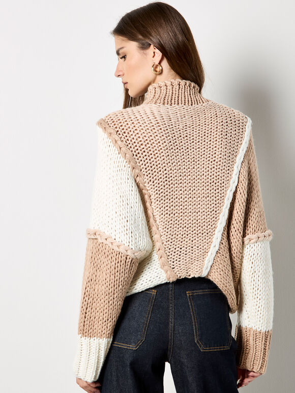 Colour Block Cable Chunky Knit Jumper, Brown, large
