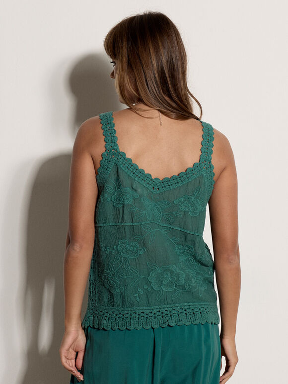 Floral Embroidery Crochet Cotton Top, Teal, large
