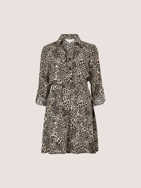 Animal Print Crepe Shirt Mini Dress, Stone, large
