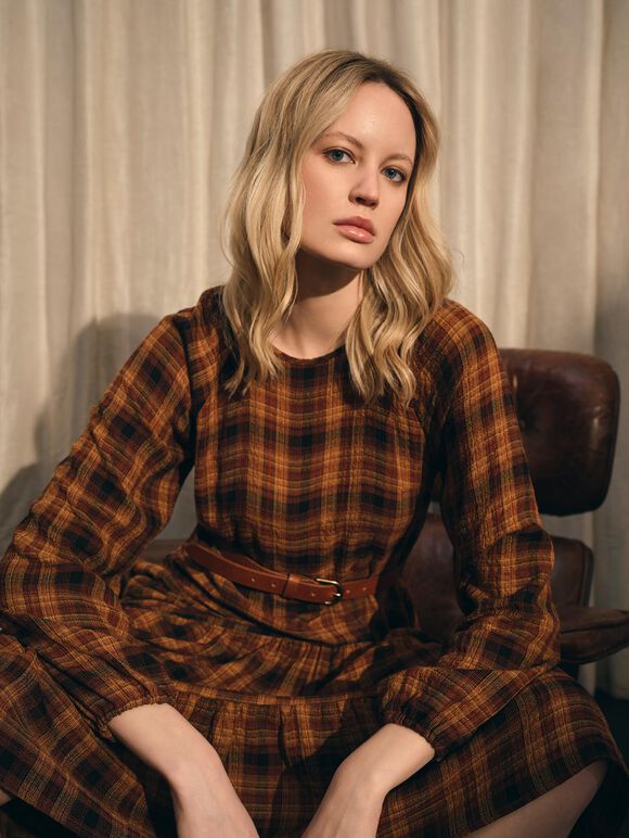 Textured Check Midi Dress, Mustard, large