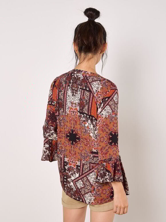 Patchwork Scarf Print Blouse, Orange, large