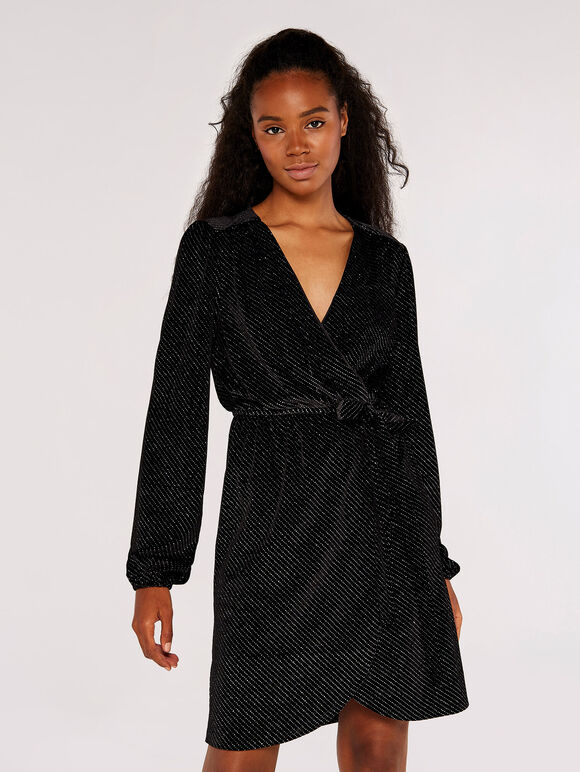 Glitter Velvet Wrap Mini Dress, Black, large