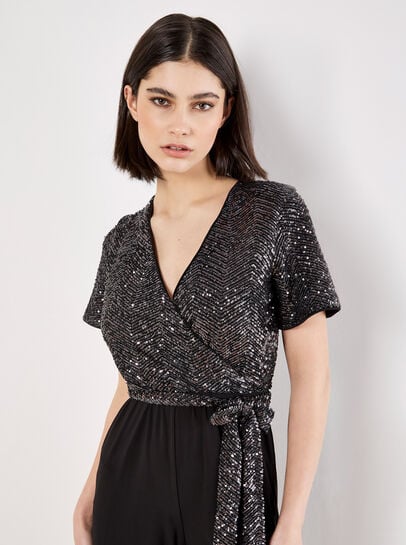 Chevron Sequin Wide Leg Jumpsuit